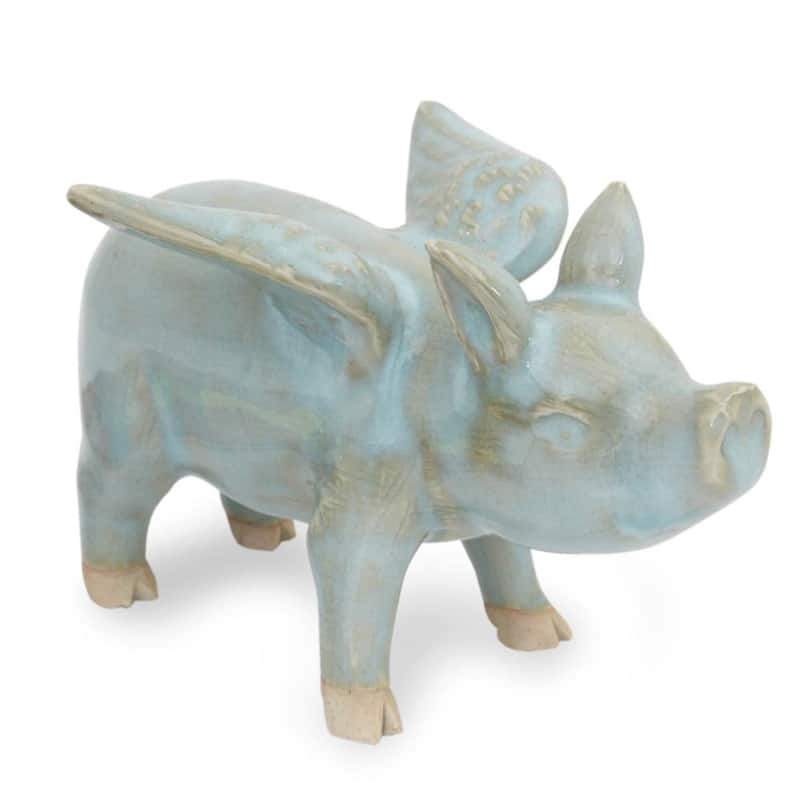 Celadon Ceramic Figurine, 'Flying Blue Pig'