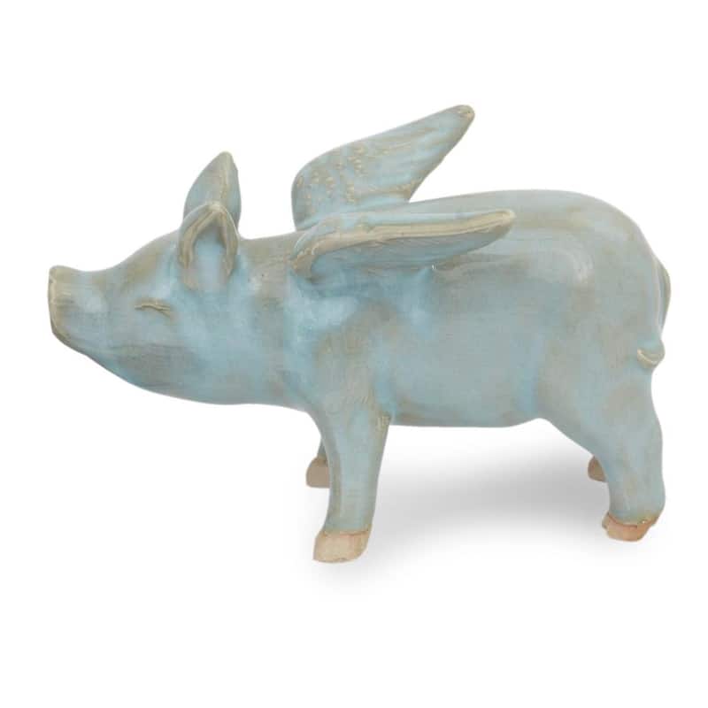 Celadon Ceramic Figurine, 'Flying Blue Pig'