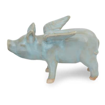 Celadon Ceramic Figurine, 'Flying Blue Pig'