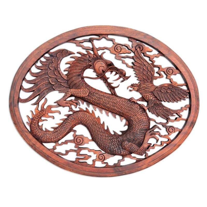 NOVICA Handmade Wood Wall Panel, 'Naga and Garuda' (Indonesia)