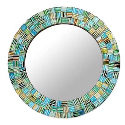 NOVICA Handmade Aqua Trellis Glass Mosaic Mirror (India) - 7.0" Diam.