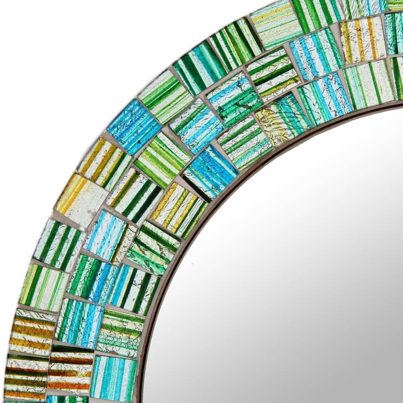 NOVICA Handmade Aqua Trellis Glass Mosaic Mirror (India) - 7.0" Diam.