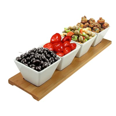 Elama Signature Modern 5pc Appetizer and Condiment Server with 4 Serving Dishes and a Bamboo Serving Block - N/A