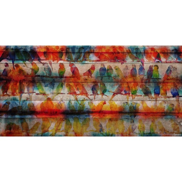 Handmade Parvez Taj - Colorful Birds Print on Reclaimed Wood