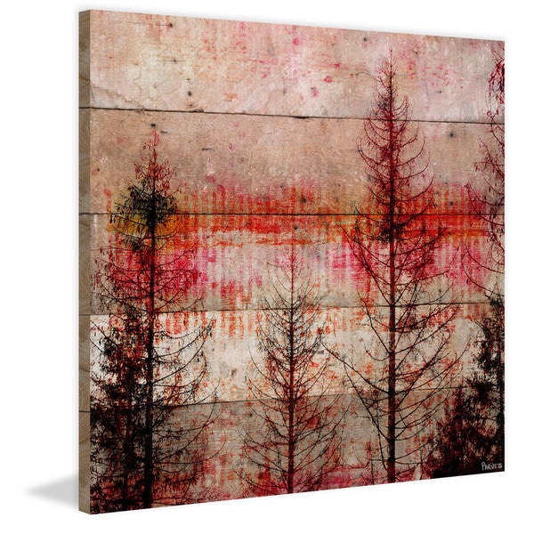 Handmade Parvez Taj - Red Enchanted Forest Print on Reclaimed Wood