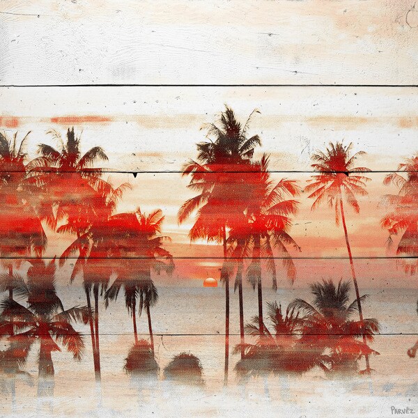 Handmade Parvez Taj - Glowing Red Palms Print on Reclaimed Wood