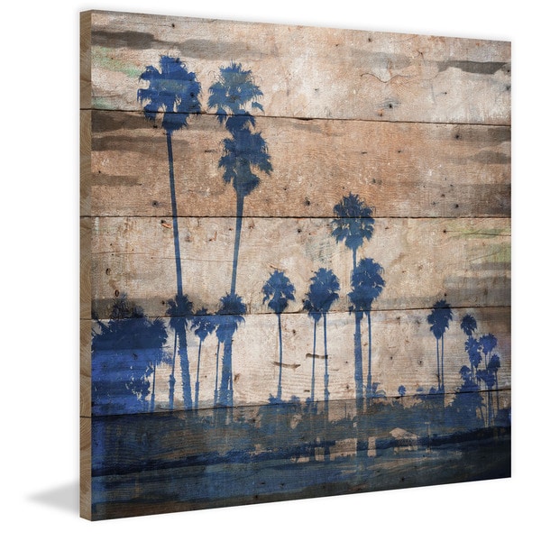 Handmade Parvez Taj - Blue Palms Print on Reclaimed Wood