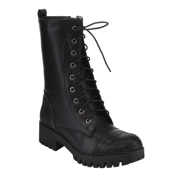 black faux leather lace up chunky boots