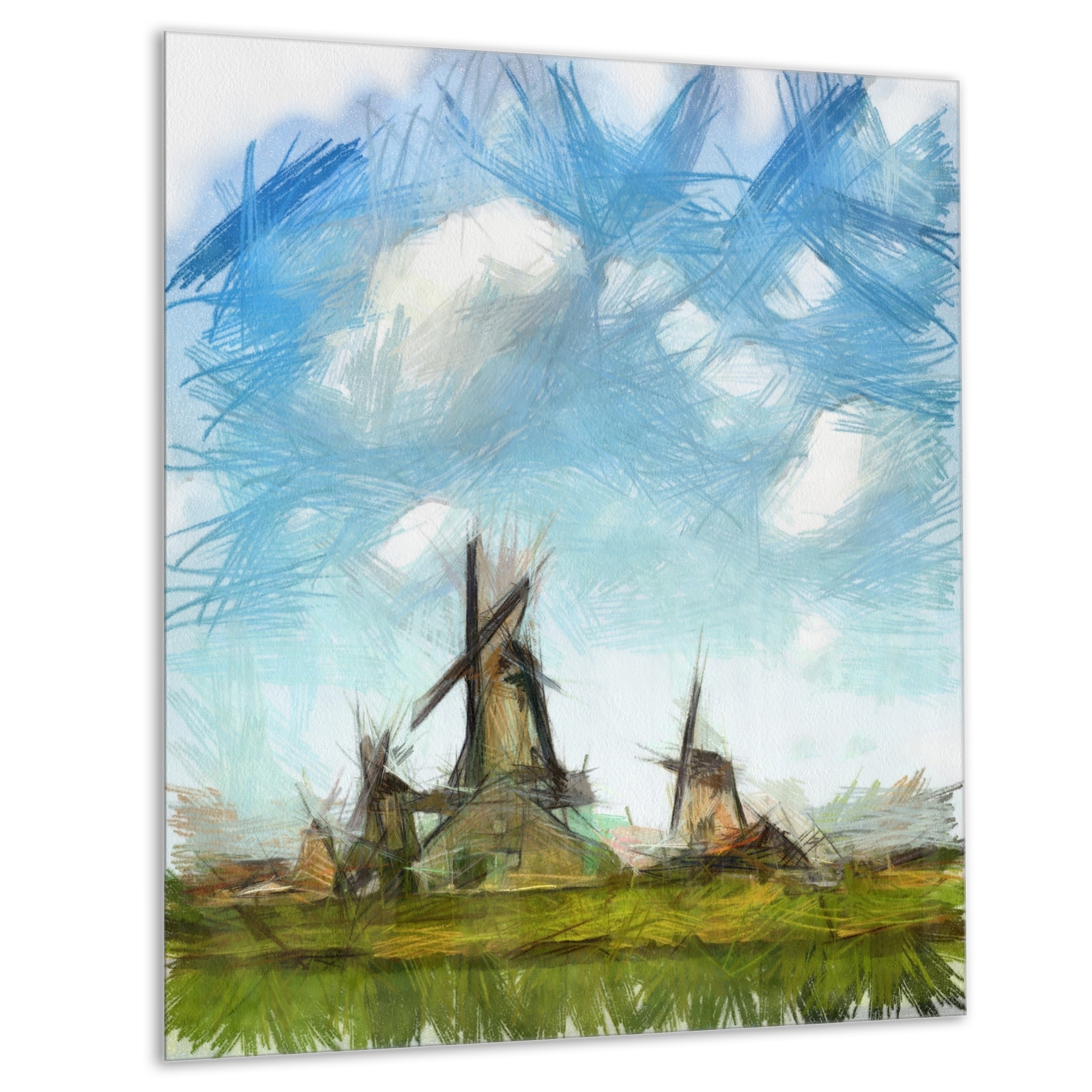 Designart 'Watercolor Windmill In Netherlands' Large Landscape Metal Wall Art - Overstock - 13657334