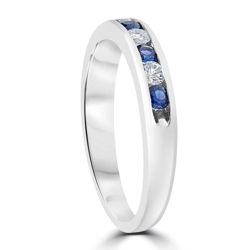 14K White Gold 1/2 ct TW Blue Sapphire & Diamond Channel Set Wedding Stackable Ring