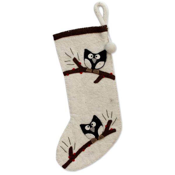 NOVICA Jolly Owls Wool Felt Holiday Stocking