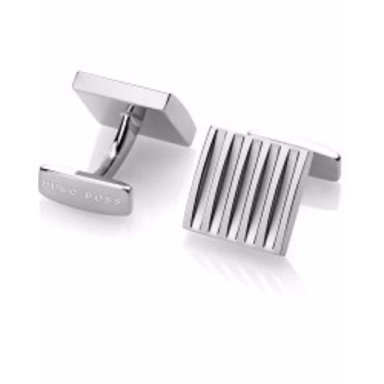 Silver rhodium square cuff links with black striped enamel design