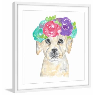 Marmont Hill - 'Dog with Flower Crown' by Thimble Sparrow Framed Painting Print - Multi-Color