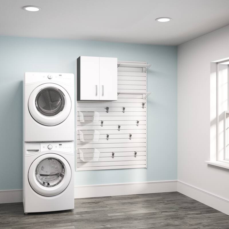 17 Piece Saltwall Panel, Cabinet, Hook, Bin Storage Set - White Slat Wall/White Cabinet