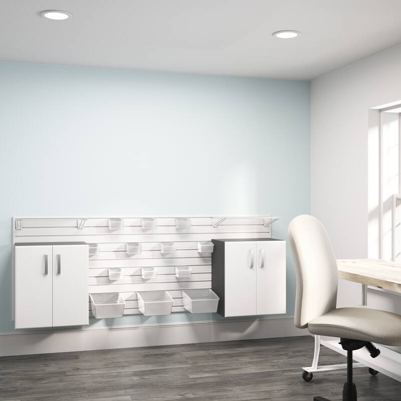 18 Piece Slatwall Panel, Cabinet, Bin, Shelf Storage Set- White Slat Wall/White Cabinet