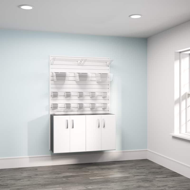 18 Piece Slatwall Panel, Cabinet, Bin, Shelf Storage Set- White Slat Wall/White Cabinet