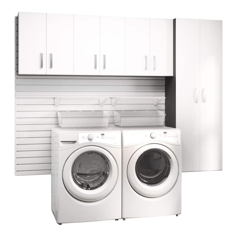 10 Piece Slatwall Panel, Cabinet, Bin, Shelf Storage Set - White Slat Wall/White Cabinet