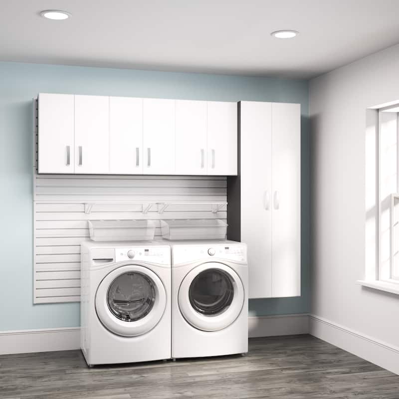 10 Piece Slatwall Panel, Cabinet, Bin, Shelf Storage Set - White Slat Wall/White Cabinet