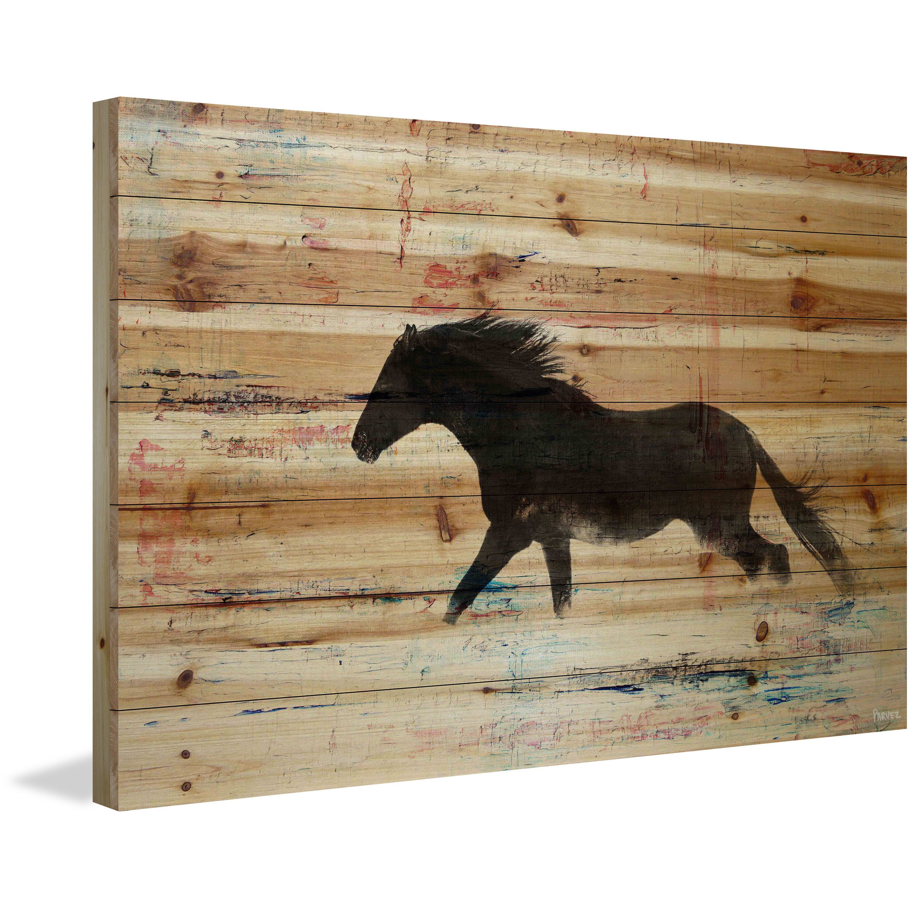 Parvez Taj - 'Black Horse Stride' Painting Print on Natural Pine Wood ...