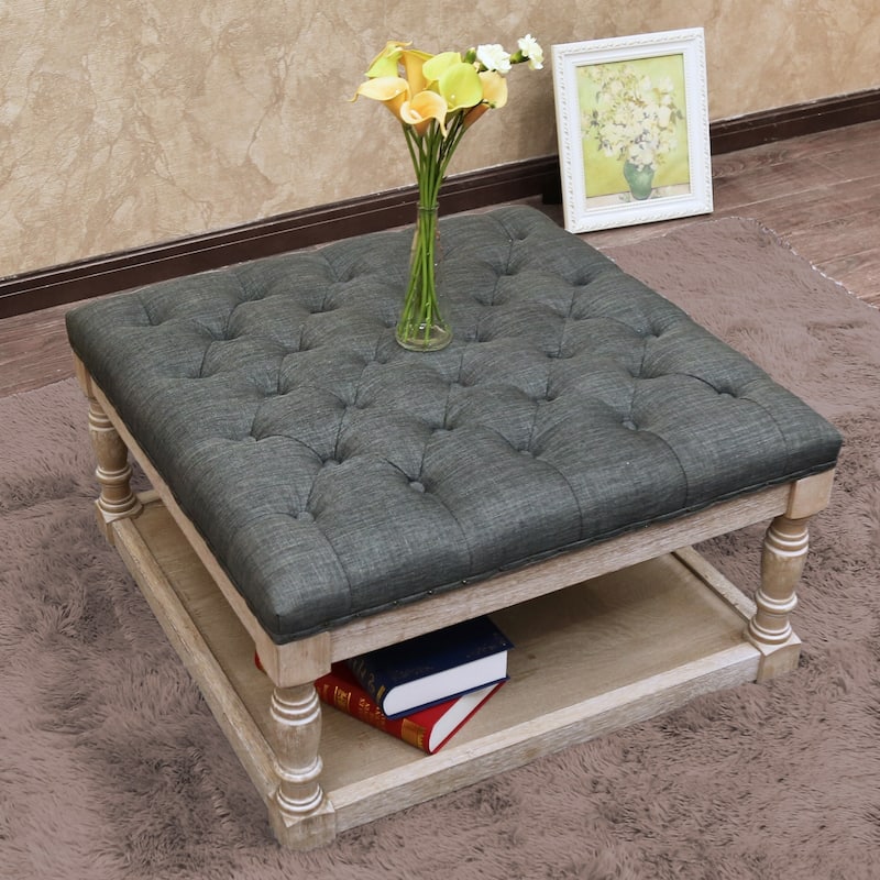 Cairona Fabric 30-inch Tufted Shelved Ottoman - Dark Gray Top/Natural Base
