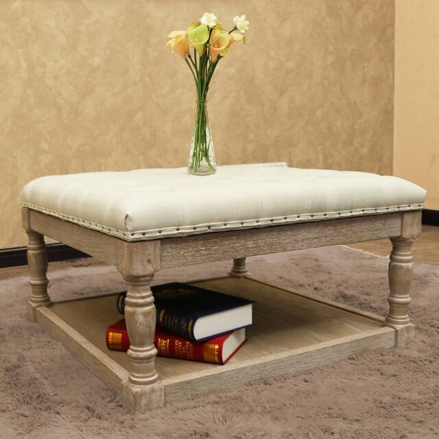 Cairona Fabric 30-inch Tufted Shelved Ottoman - Cream Top/Natural Base