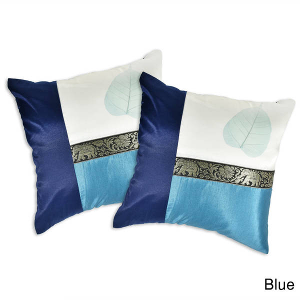 Handmade Elephant Stripe Leaf Silk Throw Pillow Cushion Cover Set (Thailand). Opens flyout.