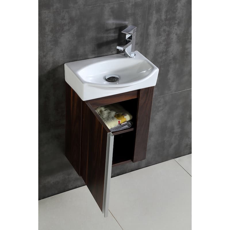 Fine Fixtures Compacto Black Walnut Wall Mount Single Bathroom Vanity with Vitreous China Sink and Mirror