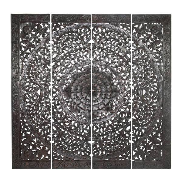 Shop Royal Lotus Floral Hand Carved Teak Wood Four Panel Wall Art