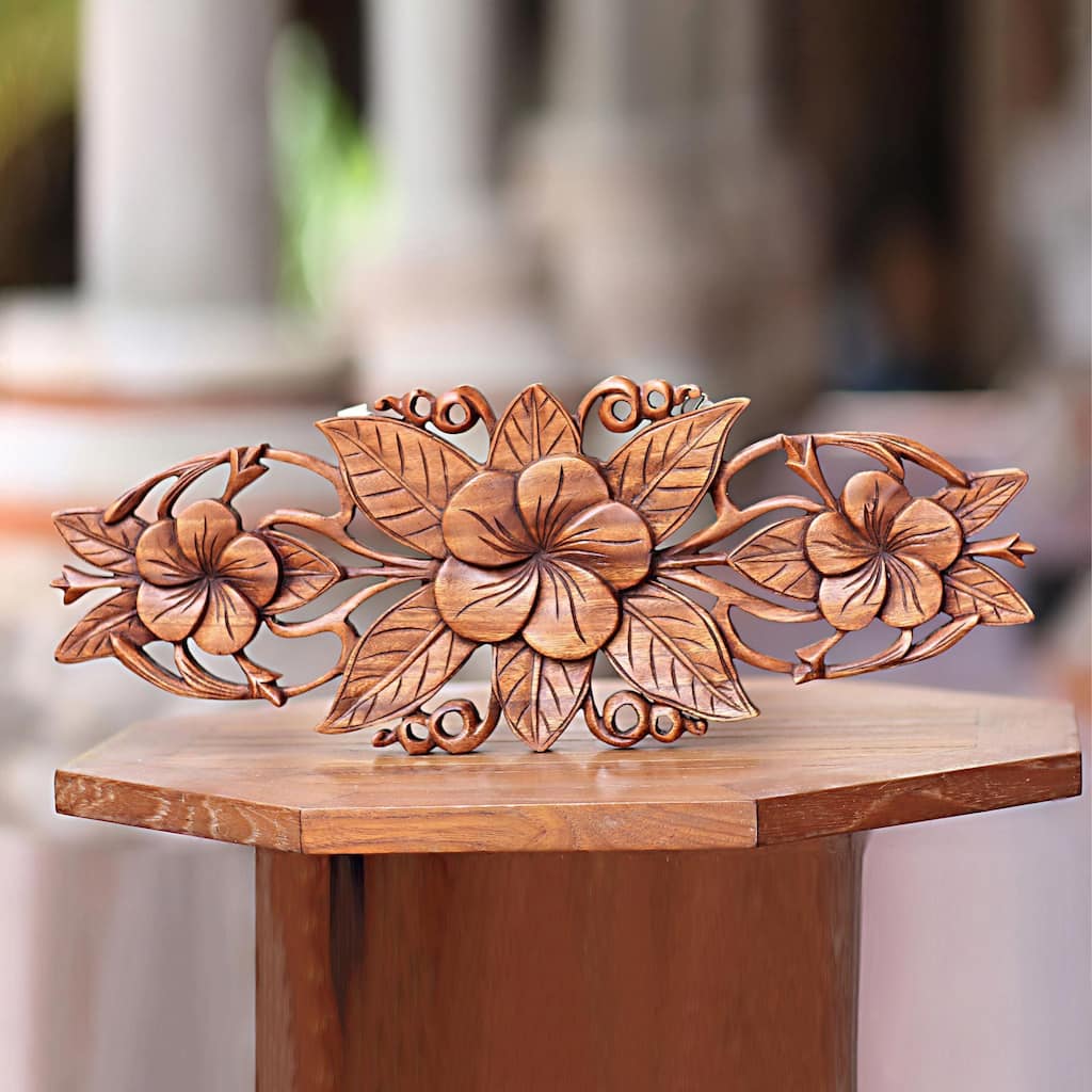 Handcrafted Suar Wood 'Three Plumeria Blossoms' Wall Relief Panel (Indonesia)
