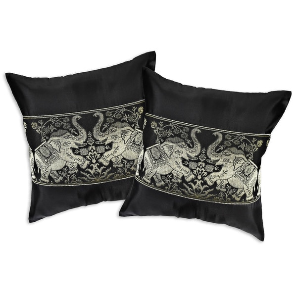 Handmade Playful Elephant Pair Silk Throw Pillow Cushion Cover Set (Thailand). Opens flyout.