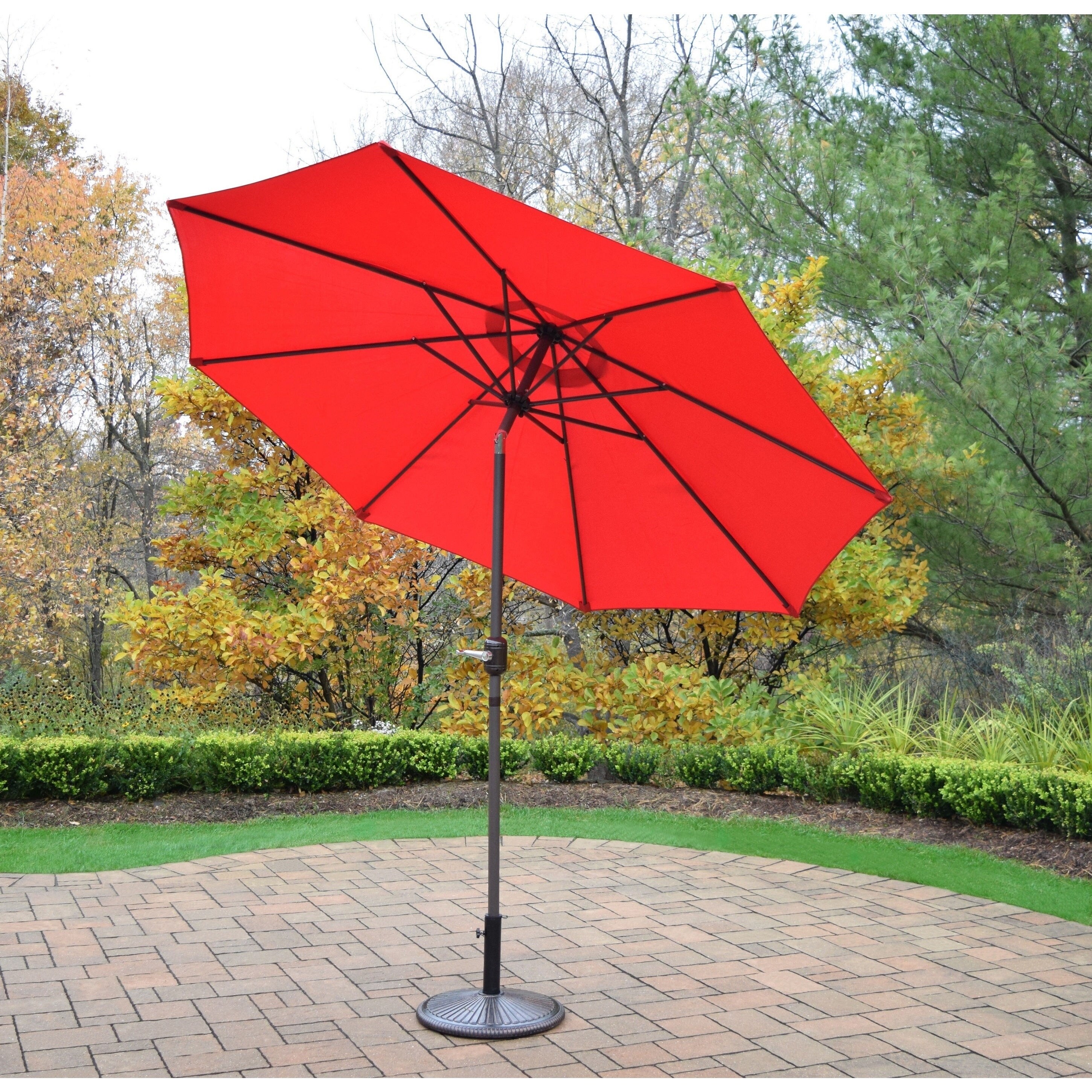 Oasis Crank And Tilt Red Brown Cast Iron Outdoor Umbrella With Stand On Sale Overstock 13688441