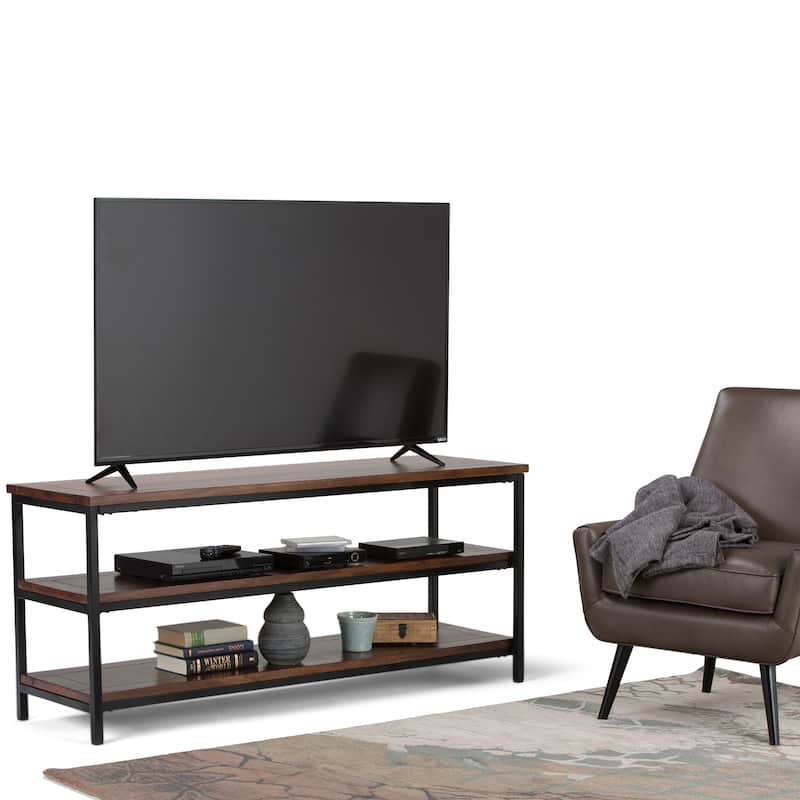 WYNDENHALL Rhonda SOLID MANGO WOOD 60 inch Wide Industrial TV Media Stand For TVs up to 65 inches - 60"w x 18"d x 26" h - Dark Cognac Brown