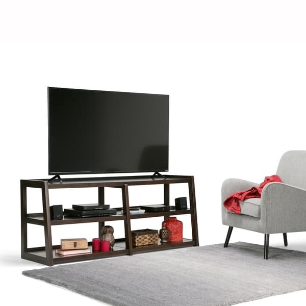 Wyndenhall Hawkins Solid Wood 60 Inch Wide Modern Industrial Tv Media Stand For Tvs Up To 65 Inches 60 W X 20 D X 26 H Overstock 13688529 Medium Saddle Brown