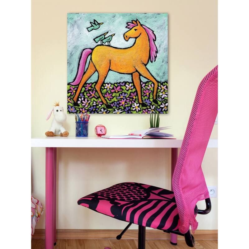 Marmont Hill - 'Bluebirds on Yellow Horse' by Janet Nelson Painting Print on Wrapped Canvas - Multi-Color