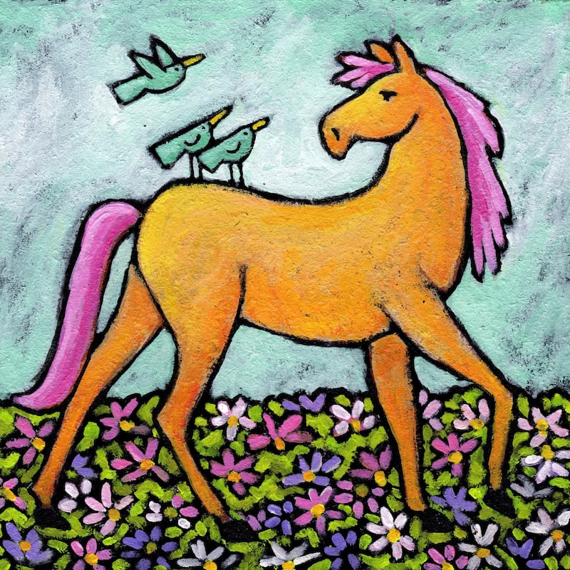 Marmont Hill - 'Bluebirds on Yellow Horse' by Janet Nelson Painting Print on Wrapped Canvas - Multi-Color