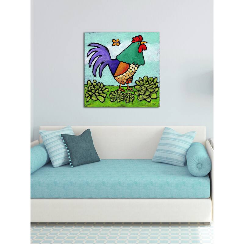 Marmont Hill - 'Rooster and Butterfly' by Janet Nelson Painting Print on Wrapped Canvas - Multi-Color