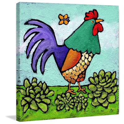 Marmont Hill - 'Rooster and Butterfly' by Janet Nelson Painting Print on Wrapped Canvas - Multi-Color