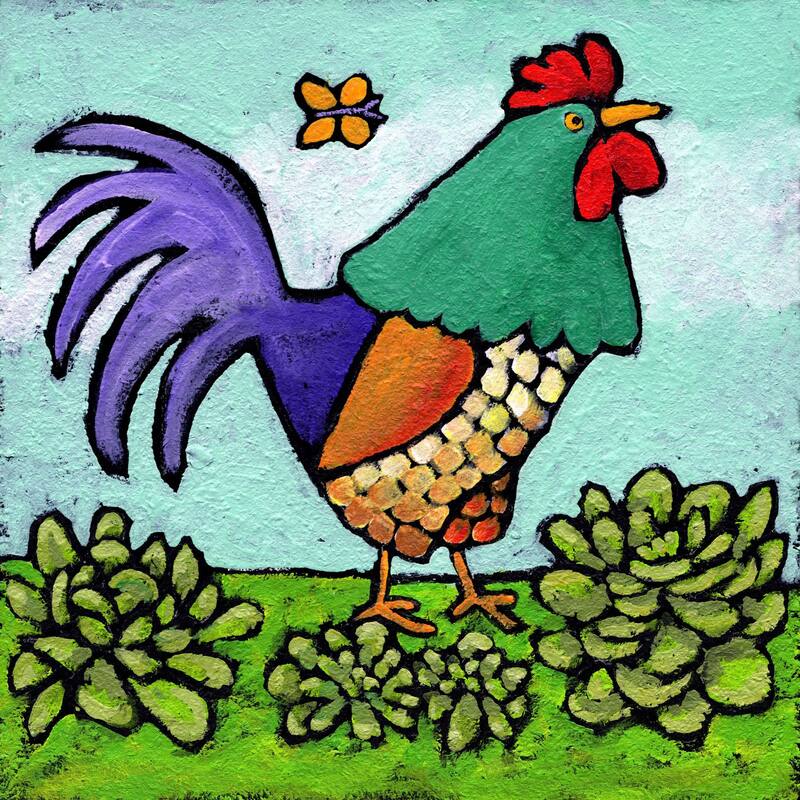 Marmont Hill - 'Rooster and Butterfly' by Janet Nelson Painting Print on Wrapped Canvas - Multi-Color