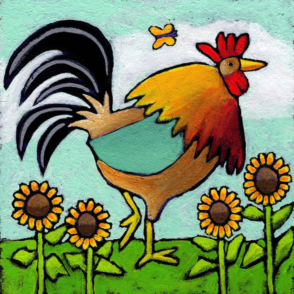 Marmont Hill - 'Rooster with Sunflowers' by Janet Nelson Painting Print on Wrapped Canvas - Multi-Color