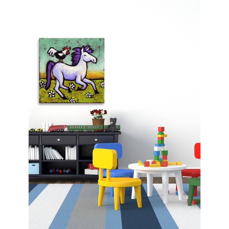 Marmont Hill - 'Rooster Rides a Horse' by Janet Nelson Painting Print on Wrapped Canvas - Multi-Color
