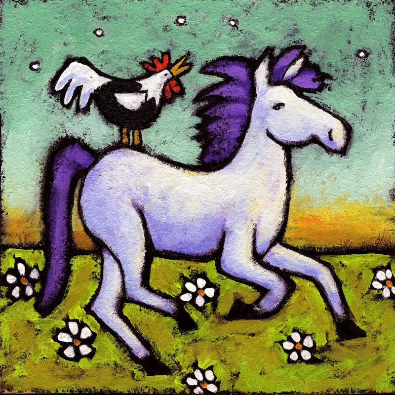 Marmont Hill - 'Rooster Rides a Horse' by Janet Nelson Painting Print on Wrapped Canvas - Multi-Color