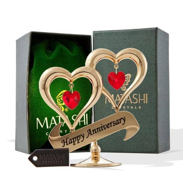 Matashi Gold plated Red Crystal Happy Anniversary Double Heart Tabletop ...