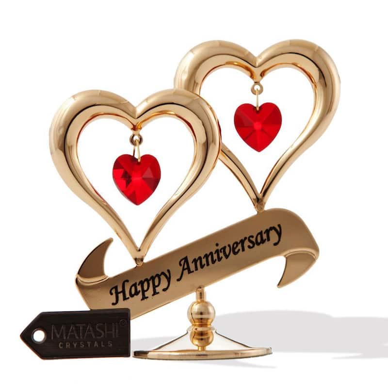 Matashi Gold plated Red Crystal Happy Anniversary Double Heart Tabletop Ornament