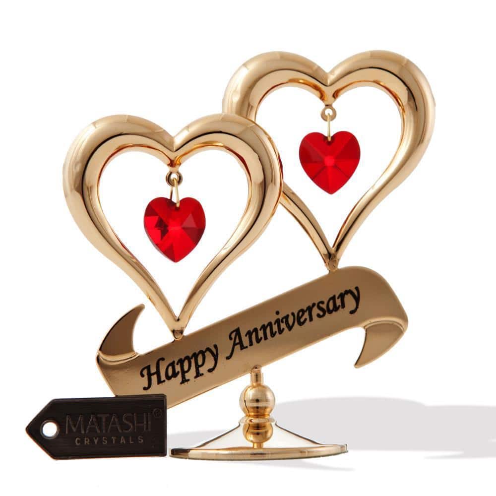 Matashi Gold plated Red Crystal Happy Anniversary Double Heart Tabletop Ornament