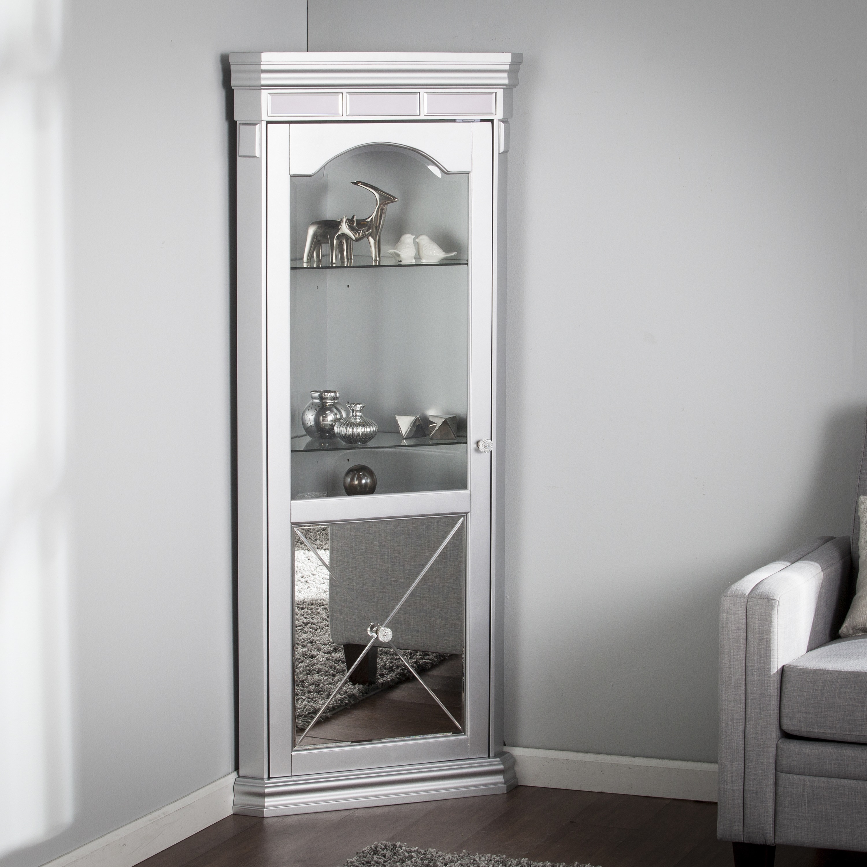 Shop Zephyr Mirrored Lighted Corner Curio Cabinet Free Shipping