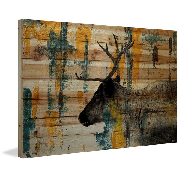 Handmade Parvez Taj - Teal Yellow Reindeer Print on Natural Pine Wood