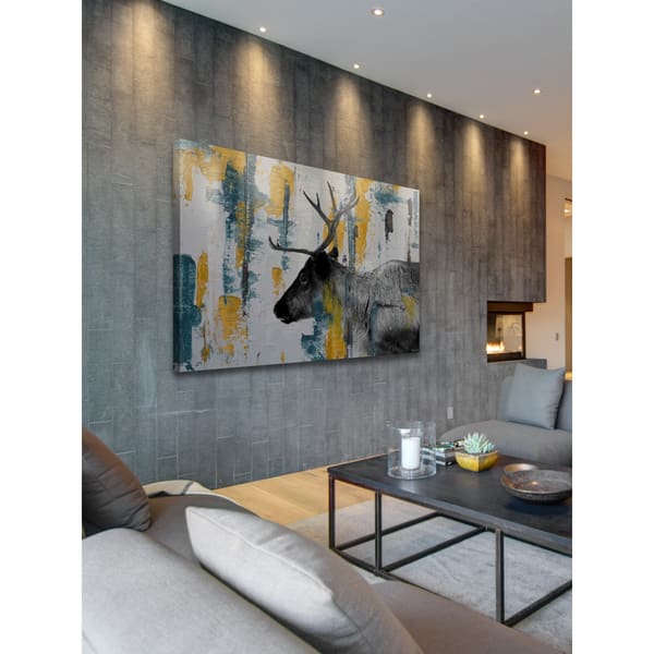 Handmade Parvez Taj Teal Yellow Reindeer Print On Wrapped Canvas Overstock 13732795