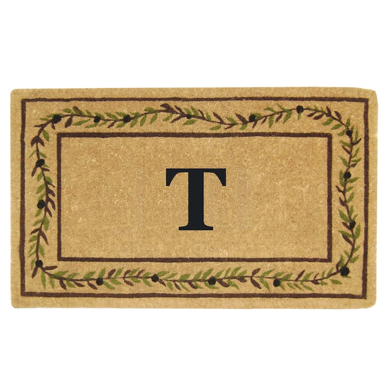 Heavy-duty Coir Decorative Olive Branch Border Monogrammed Doormat - 22 inches x 36 inches - T - Green/Brown