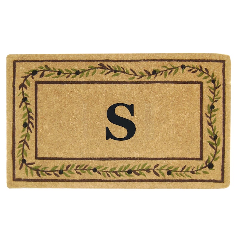 Heavy-duty Coir Decorative Olive Branch Border Monogrammed Doormat - 22 inches x 36 inches - S - Green/Brown