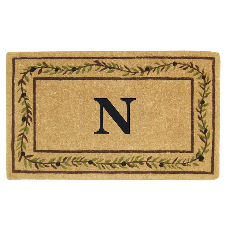 Heavy-duty Coir Decorative Olive Branch Border Monogrammed Doormat - 22 inches x 36 inches - N - Green/Brown